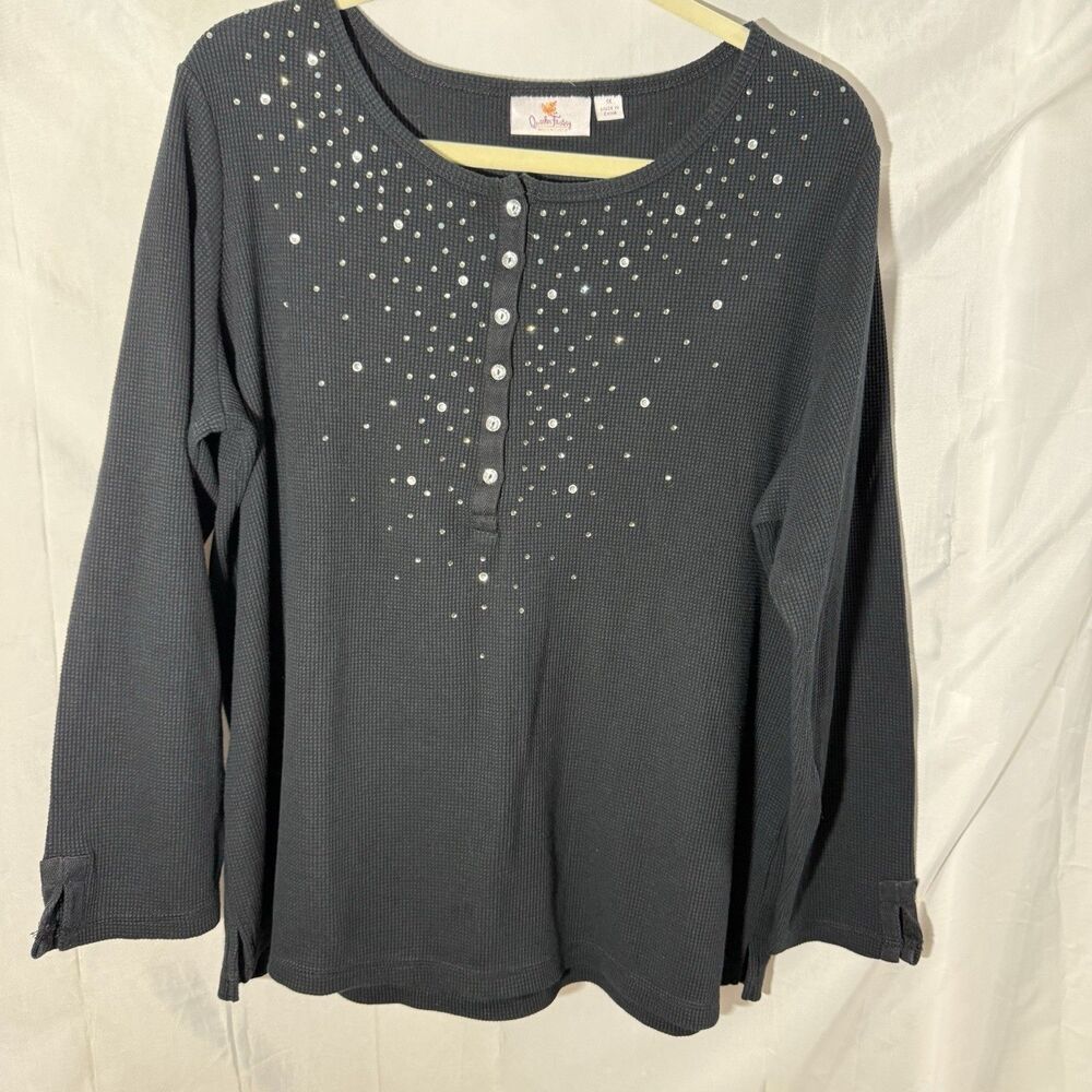 Quacker Factory Henley Top Womens 1X Black Rhinestones Waffle Thermal Bling